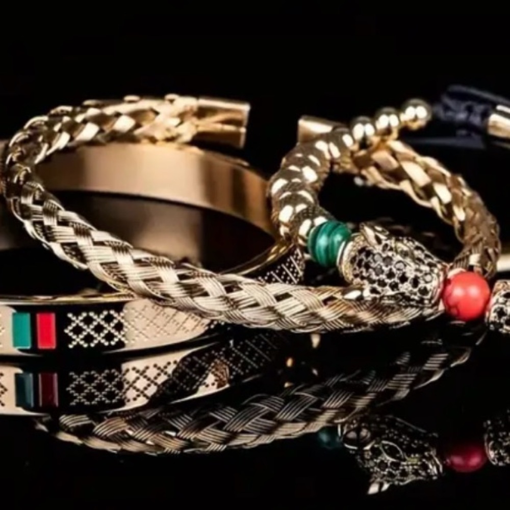 Bold 3-Piece Men's Gold & Black Leopard Bracelet Set - Picture 3 of 3